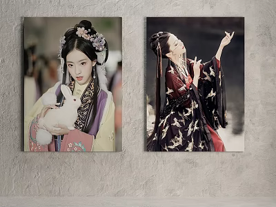 Traditional Chinese Figure Paintings Depicting Women In Classical Attire Holding Rabbit And Gesturing 3d model