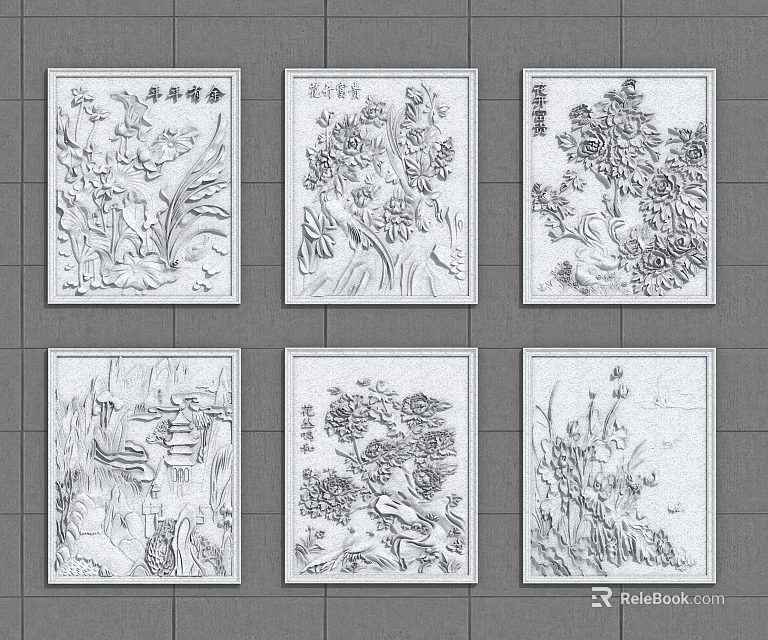 Traditional Chinese Stone Relief Panels As Architectural Decorative Elements With Landscape Floral Patterns 3d model 