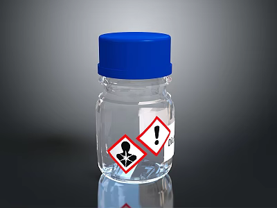 Transparent Glass Bottle With Blue Cap And Warning Hazard Symbols For Household Use 3d model