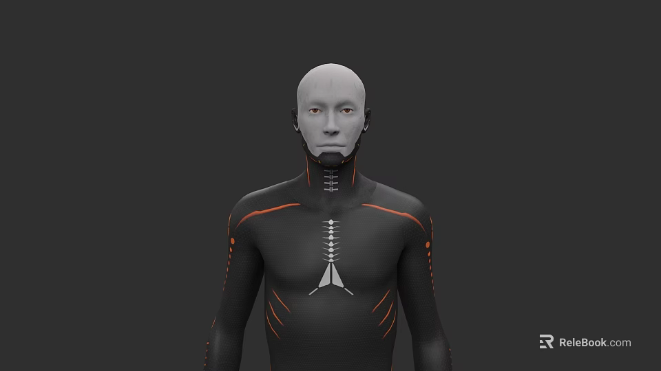 Bald Man In Black Tight Suit With Orange Lines And White Logo Against Gray Background 3d model 