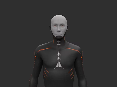 Bald Man In Black Tight Suit With Orange Lines And White Logo Against Gray Background 3d model