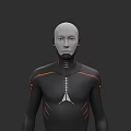 Bald Man In Black Tight Suit With Orange Lines And White Logo Against Gray Background