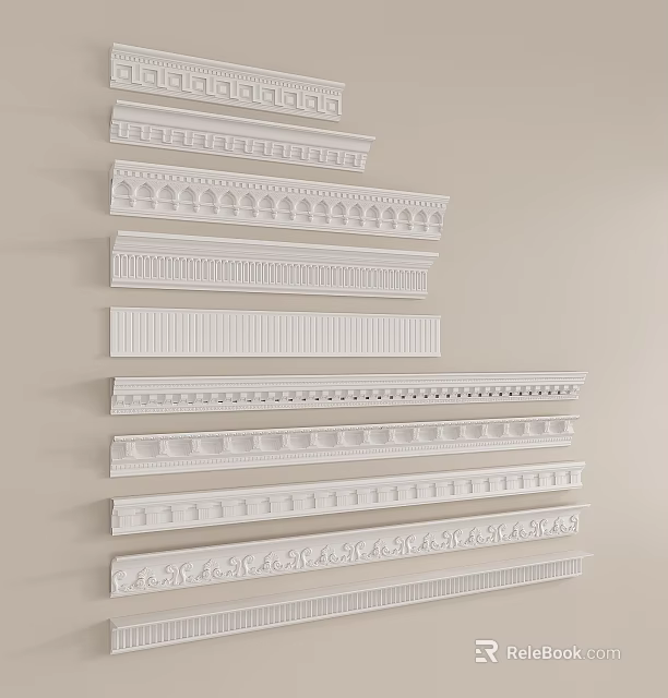 Various Styles of Decorative Gypsum Cornice Arranged on Light Background for Interior Decoration 3d model 