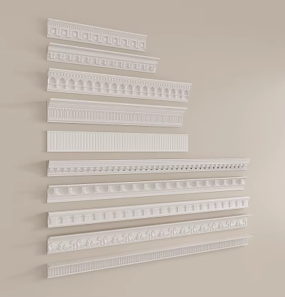 Various Styles of Decorative Gypsum Cornice Arranged on Light Background for Interior Decoration 3d model