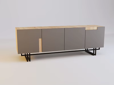 Modern Gray TV Stand With Wooden Top And Black Metal Legs 3d model