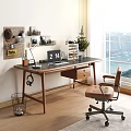 Cozy Wooden Desk With Laptop Lamp Corkboard Photos Potted Plant Leather Chair And Window View