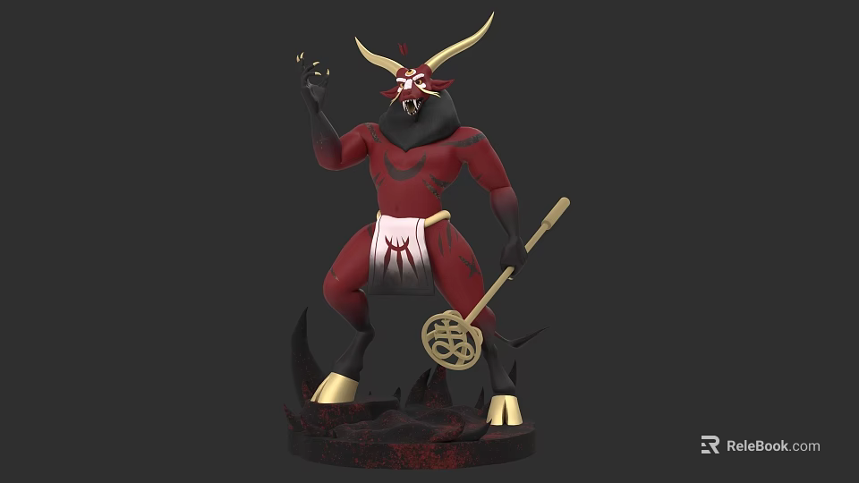 Demon Character Mythical Creature With Golden Horns Red Black Body White Apron And Staff 3d model 