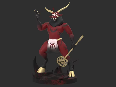 Demon Character Mythical Creature With Golden Horns Red Black Body White Apron And Staff 3d model