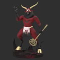Demon Character Mythical Creature With Golden Horns Red Black Body White Apron And Staff