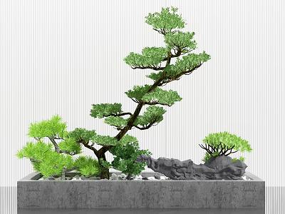 Bonsai Pine Tree Plant With Small Stones And Green Plants In Gray Container 3d model
