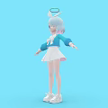 3D Girl Character With White Hair Blue Eyes Halo White Dress And Blue Sleeves