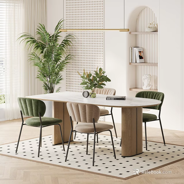 Modern Minimalist Dining Table Set With White Oval Top Green Beige Chairs And Potted Plant 3d model 
