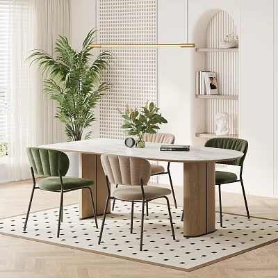 Modern Minimalist Dining Table Set With White Oval Top Green Beige Chairs And Potted Plant 3d model