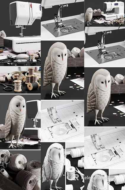 Handcrafted Decorative Ornament Set With Owl Figurine Thread Spools And Sewing Tools 3d model 