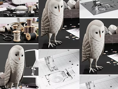 Handcrafted Decorative Ornament Set With Owl Figurine Thread Spools And Sewing Tools 3d model