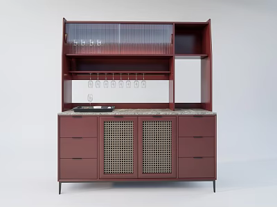 Maroon Sideboard With Glass Shelves Lattice Doors Drawers Marble Countertop And Metal Legs 3d model
