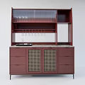 Maroon Sideboard With Glass Shelves Lattice Doors Drawers Marble Countertop And Metal Legs