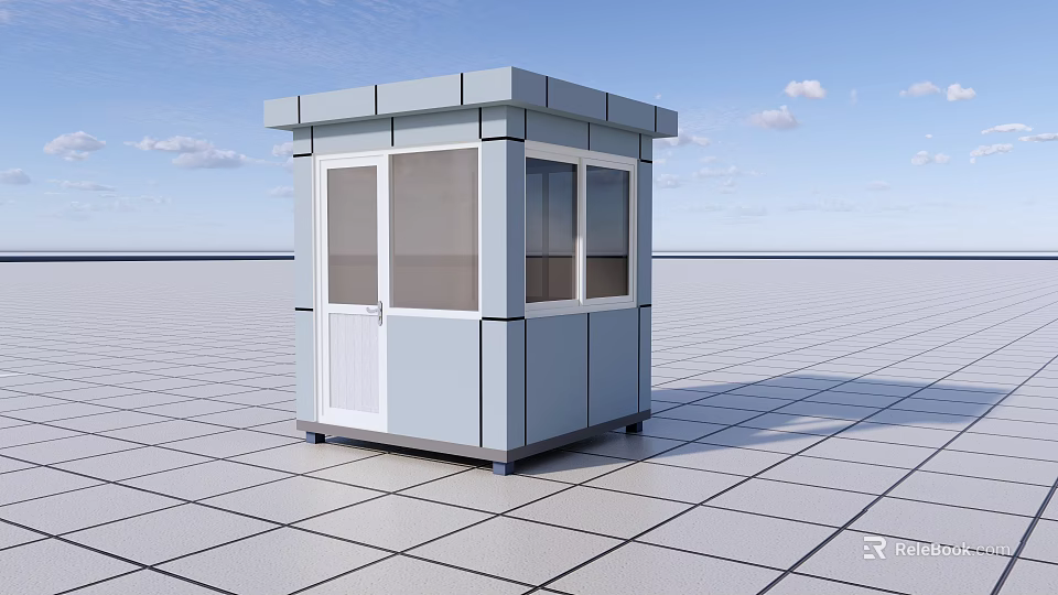Gray Security Booth With Windows Door And Square Tiles On Open Ground Under Blue Sky 3d model 
