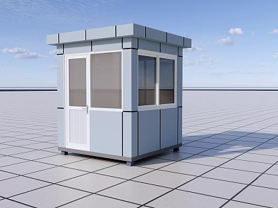 Gray Security Booth With Windows Door And Square Tiles On Open Ground Under Blue Sky 3d model