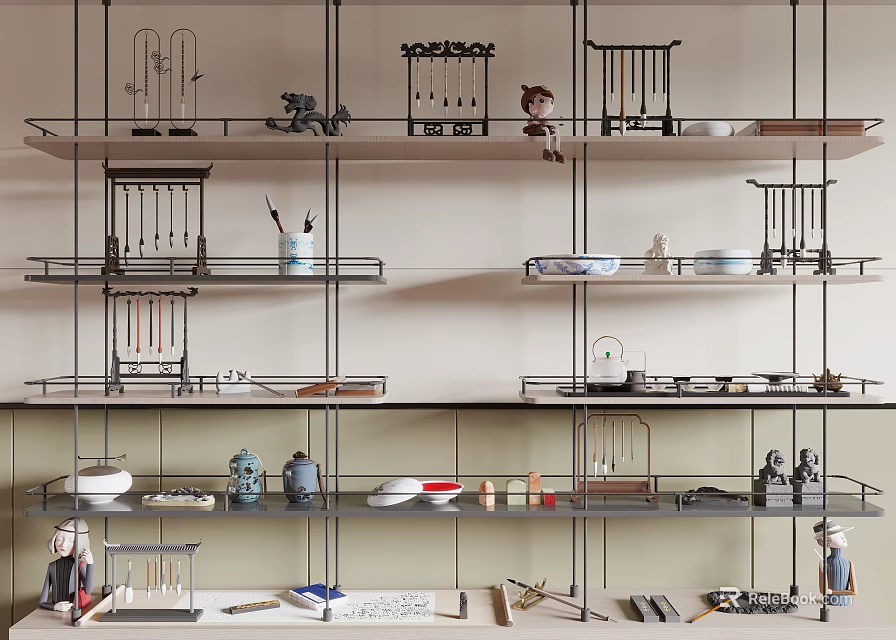 Modern Decorative Ornaments Set Arranged on Multiple Metal Shelves for Home Decor 3d model 