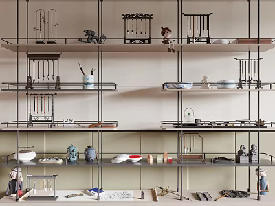 Modern Decorative Ornaments Set Arranged on Multiple Metal Shelves for Home Decor 3d model