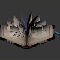 Enchanted Magic Book Household Item With Brown Cover Blue Accents Glowing Light And Open Pages