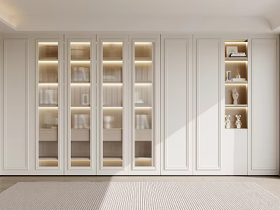 Modern White Built in Bookshelf With Glass Doors And LED Lighting Showcasing Books And Decorative Items 3d model