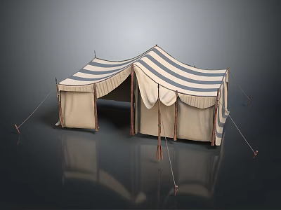Durable Striped Canvas Camping Tent With Stable Wooden Frame For Outdoor Trips 3d model