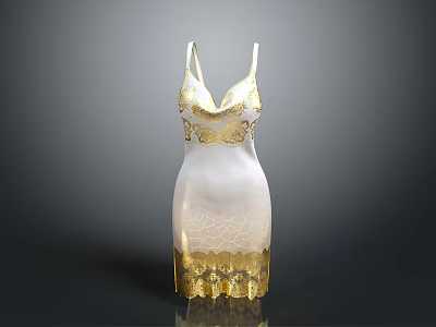 Elegant White V neck Sleeveless Dress with Gold Decorations and Lace Hem Details 3d model