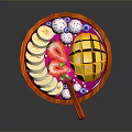 Wooden Fruit Bowl Filled With Assorted Fresh Fruits Like Mango Strawberry Banana And Blueberry