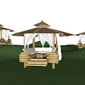 Outdoor Wooden Pergola With Canopy Sunlight Through Trees Green Bushes And Rocks