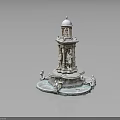 Ornate Multi Tiered White Architectural Model Featuring Dome Statues And Reflective Base 3d model