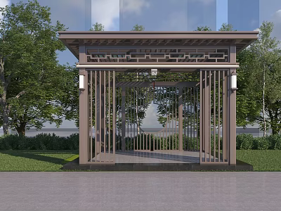 Modern Outdoor Pavilion With Metal Frame Decorative Roof And Green Trees Lawn 3d model