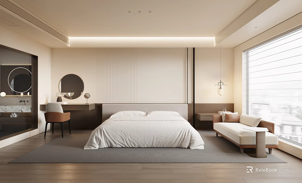 Modern Hotel Guest Room With White Bed Sofa Dressing Table And Round Mirror 3d model 