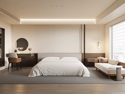 Modern Hotel Guest Room With White Bed Sofa Dressing Table And Round Mirror 3d model