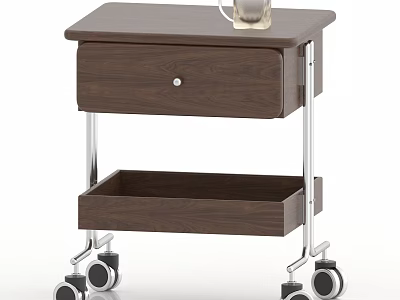 Wooden Rolling Cart With Drawer Lower Shelf Glass Container And Metal Frame On Wheels 3d model