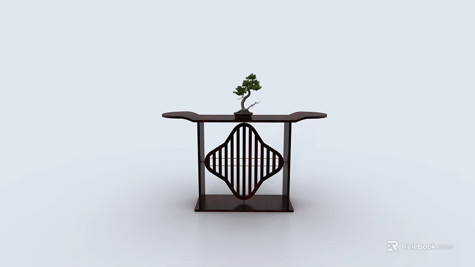 Elegant Dark Wood Console Table With Lattice Panel Base And Bonsai Plant Decor 3d model 