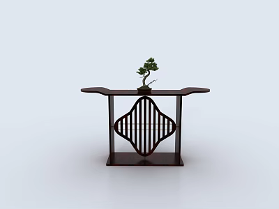 Elegant Dark Wood Console Table With Lattice Panel Base And Bonsai Plant Decor 3d model