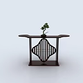 Elegant Dark Wood Console Table With Lattice Panel Base And Bonsai Plant Decor 3d model