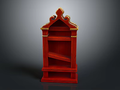 Red Wooden Decorative Shelf with Gold Accents Layered Structure and Ornate Carved Top 3d model