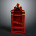 Red Wooden Decorative Shelf with Gold Accents Layered Structure and Ornate Carved Top