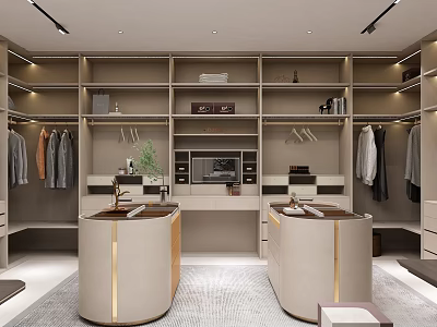Elegant Modern Walk in Closet Design With Round Countertops Gold Accents And LED Lighting 3d model