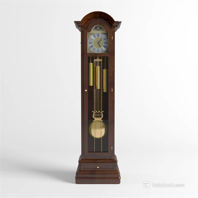 Elegant Classic Wooden Grandfather Clock With Decorative Face And Brass Pendulum 3d model 