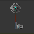 Modern Windmill Structure With Silver Blades Blue Center Red Pole And Base Unit