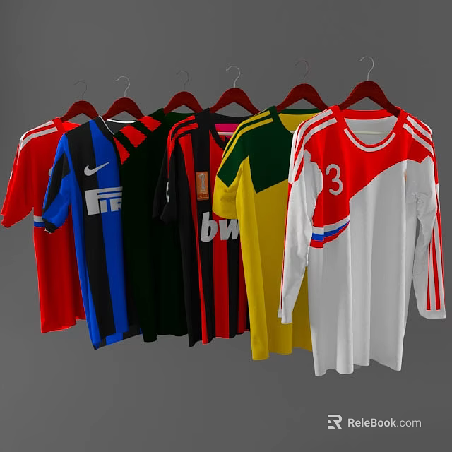 Colorful Sports Jerseys With Various Designs Logos And Numbers Hanging On Hangers 3d model 