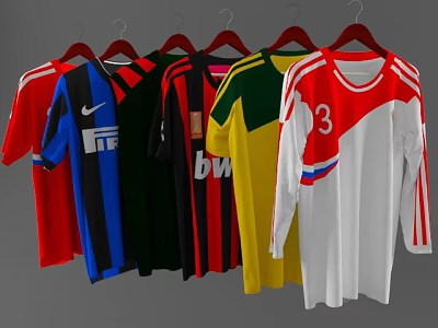 Colorful Sports Jerseys With Various Designs Logos And Numbers Hanging On Hangers 3d model