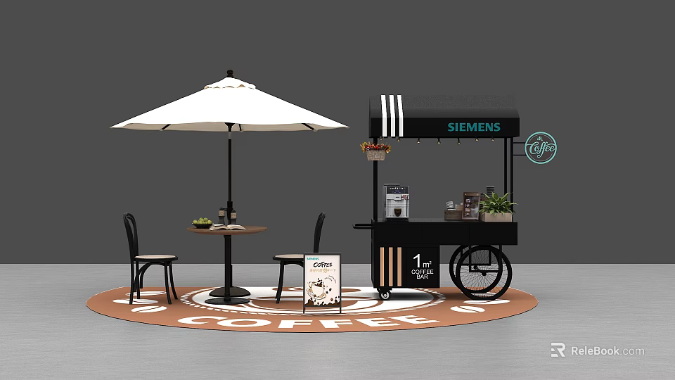 Mobile Coffee Cart With White Umbrella Black Chairs Table Siemens Logo Coffee Machine And Plants 3d model 