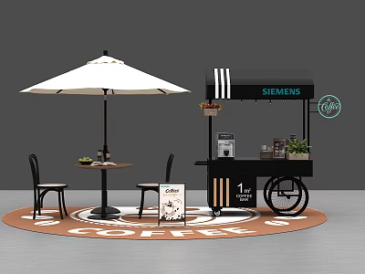 Mobile Coffee Cart With White Umbrella Black Chairs Table Siemens Logo Coffee Machine And Plants 3d model
