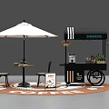 Mobile Coffee Cart With White Umbrella Black Chairs Table Siemens Logo Coffee Machine And Plants