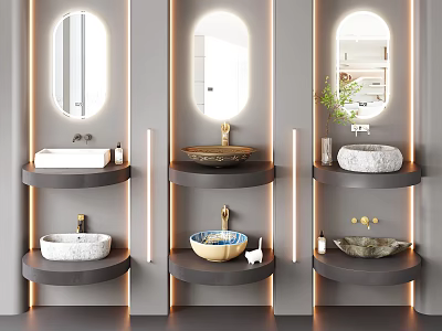 Modern Bathroom Interior Design With Three Washbasins Oval Mirrors And LED Lighting 3d model
